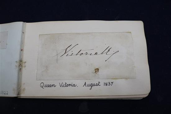 An autograph album containing signatures mainly on piece, including Queen Victoria, W G Grace and Winston Churchill